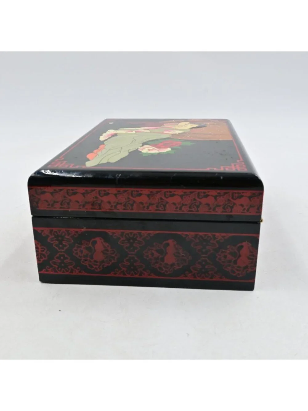 Chinese Black Lacquer Jewelry Box Vintage Hand Painted Reclining Lady Mirror